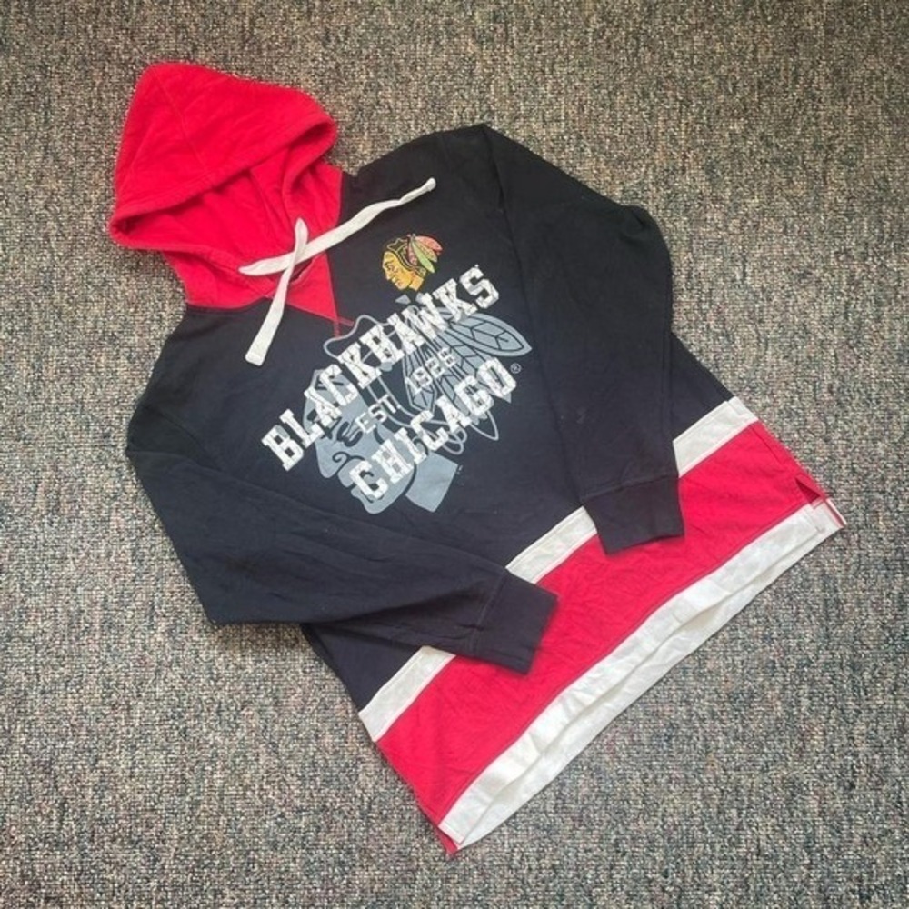 Y2K Sports Chicago Blackhawks NHL Hoodie Large‎ Black Red Carl Banks Pullover